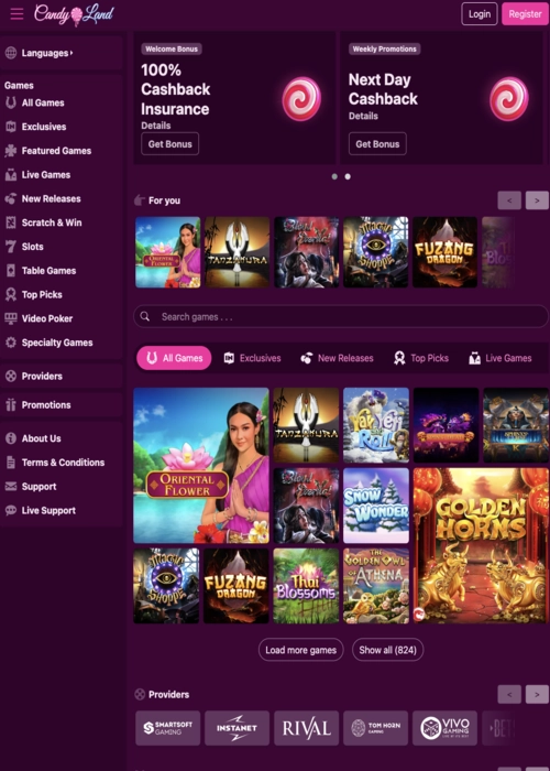 Colorful gaming lobby selection Candyland Casino